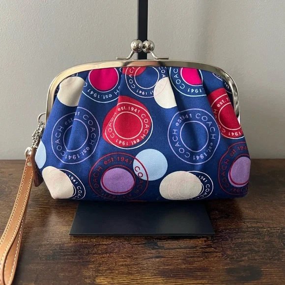 NWT Coach Printed Multicolor Polkadots Clutch with Kiss-Lock and Tan Strap - Picture 2 of 6